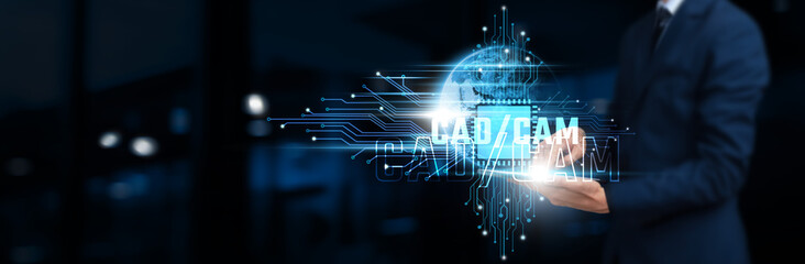 CAD/CAM Technology Concept: Businessman Using Tablet on Network Structure, Enhancing Efficiency and...