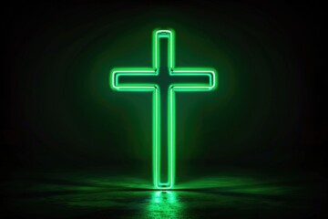 Fototapeta premium A bright green neon cross glows against a dark black background, making for a striking and eye-catching image