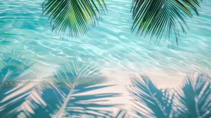 Two palm leaves gracefully drape over crystal-clear turquoise water, casting ethereal shadows on the white sandy bottom.