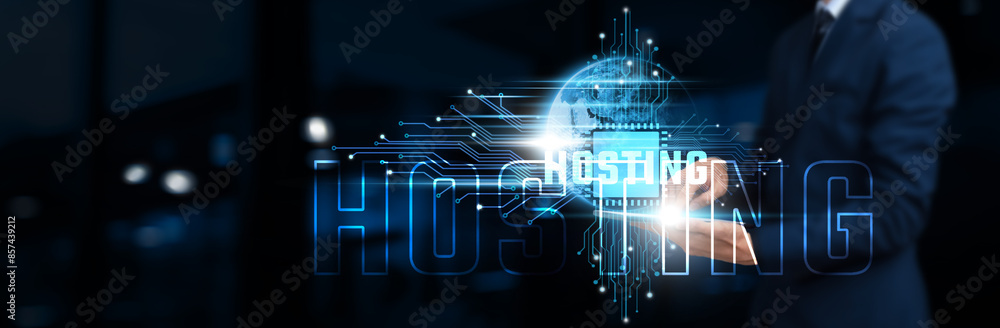 Poster hosting: businessman using tablet on network structure, cloud technology, and digital infrastructure