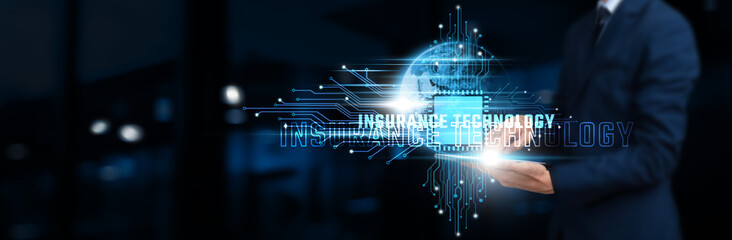 Insurance Technology: Businessman Using Tablet on Network Structure, Leveraging Technology for Risk...