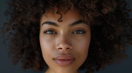 Fototapeta premium A close-up shot of a woman's face with curly hair, perfect for use in beauty or lifestyle contexts