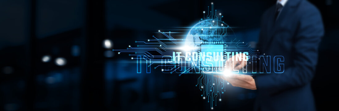 IT Consulting: Businessman Using Tablet on Network Structure Consulting Technology Solutions and Implementation on Global Business Network. Technology Concept.