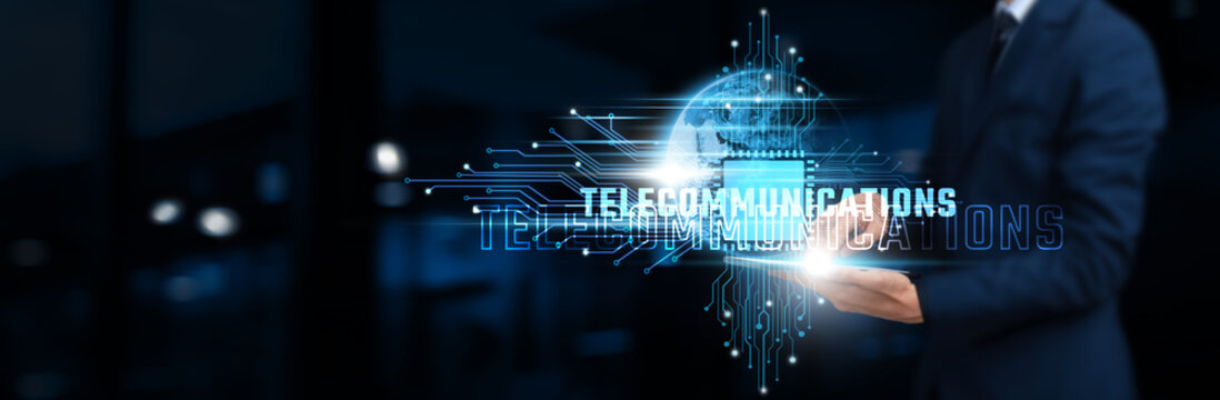 Telecommunications: Businessman Using Tablet on Network Structure for Communications Technology, Connectivity, and Data Transmission on Global Business Network. Technology Concept.