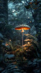 Glowing mushroom in a lush forest at dusk, magical and enchanting atmosphere