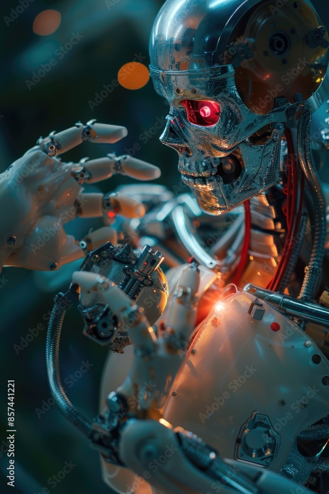Poster a close-up view of a robot grasping a human hand, symbolizing connection and collaboration between h