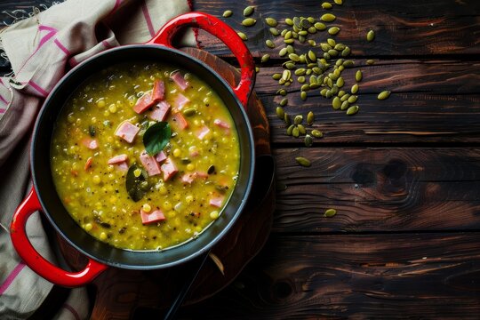 Top down view of Finnish split pea soup with ham mustard and pumpkin seeds on a dark table