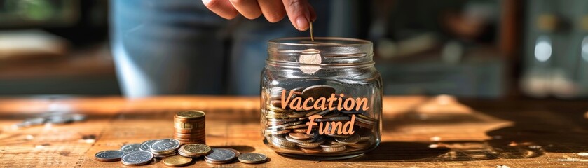 Person saving money in a glass jar labeled 'Vacation Fund' with coins on a wooden table, highlighting budgeting and financial planning.