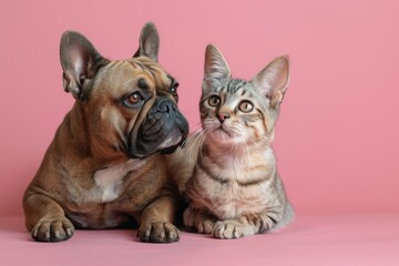 Obraz premium French Bulldog and Tabby Cat on Pink Background