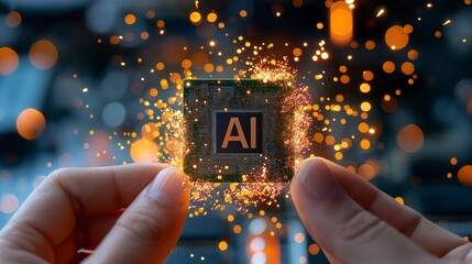 Hands Holding Glowing AI Microchip with Sparks | Newest AI processor chip