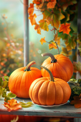 Pumpkins and Maple Leaves Vertical Background with Copy Space, Autumn Illustration for Thanksgiving and Harvest Season. Fall Orange Tones.