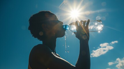 Silhouette of a person drinking water from a bottle with sunlight shining in the background, hot summer season