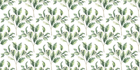 Green branches with leaves. Hand drawn watercolor seamless pattern of Twigs. Summer floral background for wedding design, textiles, wrapping paper, scrapbooking