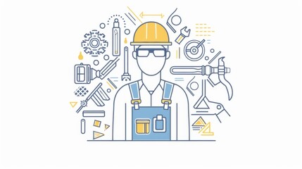 A line drawing illustration of a mechanic wearing a hardhat and overalls surrounded by tools, representing skilled labor and craftsmanship.