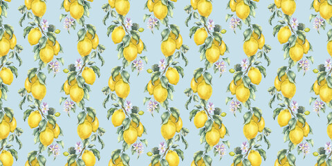 Lemon Branches with fruits and leaves. Hand drawn watercolor seamless pattern. Print of Tropical citrus fruit. Background for menu, package, cosmetic, textile, cards