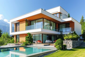 Fototapeta premium Modern Luxury Villa with Pool and Mountain View
