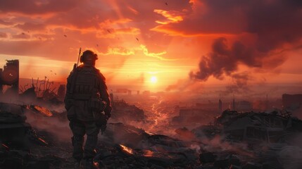 Fototapeta premium Soldier in a post-apocalyptic landscape during sunset, dramatic and intense mood. War and survival concept