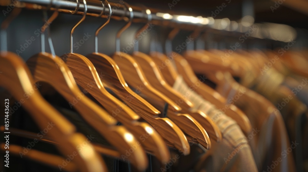 Wall mural A rack of wooden clothes hangers in a store display