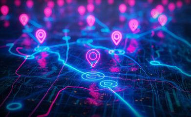 Glowing map with neon location markers and topographical details.