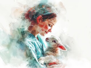Woman in blue scrubs gently holding a lamb.