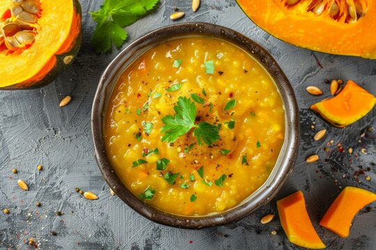Top view of traditional Indian pumpkin dhal soup on gray background promoting healthy vegetarian food