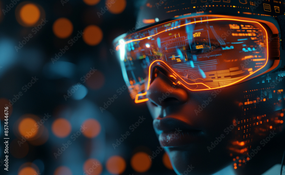 Wall mural close-up of a person wearing augmented reality glasses with digital interface.