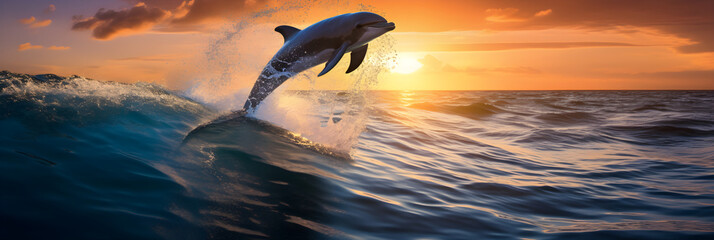 Naklejka premium Dancing Dolphin in Golden Sunset: A Spectacular Display of Serene Ocean Life