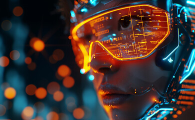 Close-up of a person wearing augmented reality glasses with digital interface.