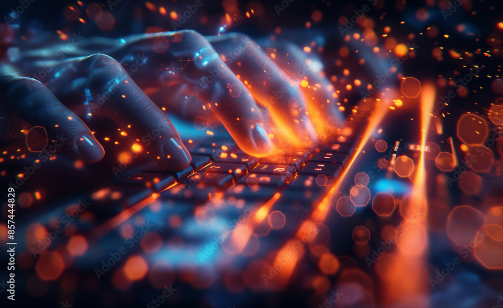 Poster hands typing on a glowing keyboard with digital effects.