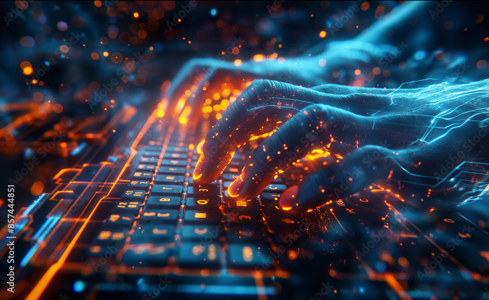 Poster hands typing on a glowing keyboard with digital effects.