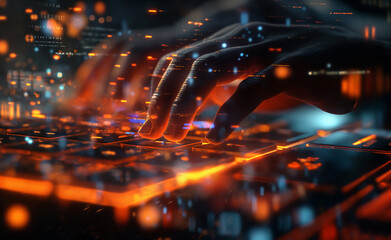 Hands typing on a glowing keyboard with digital effects.