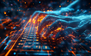 Obraz premium Hands typing on a glowing keyboard with digital effects.