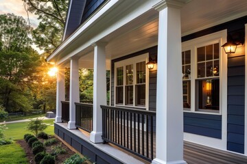 A residential house with a porch and a porch light, suitable for use in real estate or lifestyle photography
