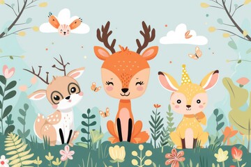 Naklejka premium Cute Cartoon Deer Trio in a Whimsical Forest