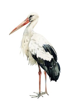 Watercolor illustration of a white stork in flight, with soft colors and delicate details