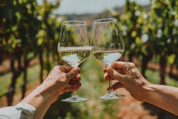 Enjoying a toast in a scenic vineyard, clinking glasses to celebrate nature and exquisite wine. Perfect for visual content related to celebrating with wine, enjoying nature's beauty.