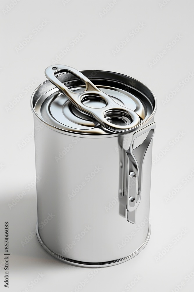 Poster a picture of a can with a pair of scissors inside, possibly being used for cutting or opening the ca