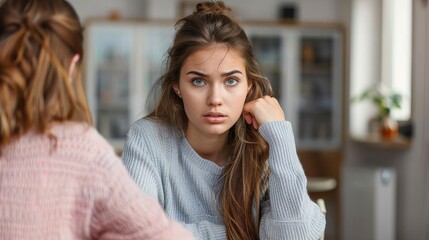 Two women, one in a gray sweater, are having a deep and thoughtful discussion in a cozy, well-lit room, emphasizing the importance of communication and emotional connection.