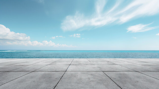 Empty concrete floor and blue sea background