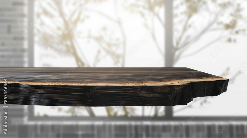 Poster a dark wooden table top with a natural edge is showcased against a blurred background of a window wi