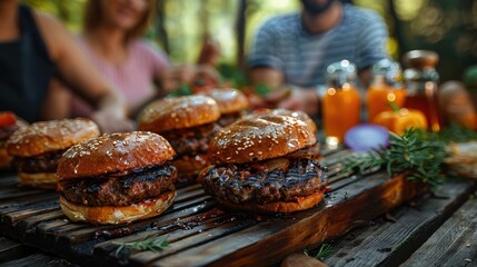Three friends enjoying freshly grilled burgers outdoors. The burgers are placed on a rustic wooden surface garnished with rosemary and sesame seed buns, creating a cozy atmosphere.