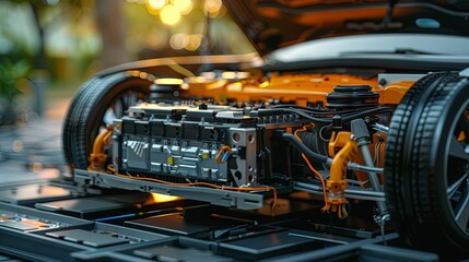 Fototapeta premium Lithium battery setup and electrical connections in electric cars