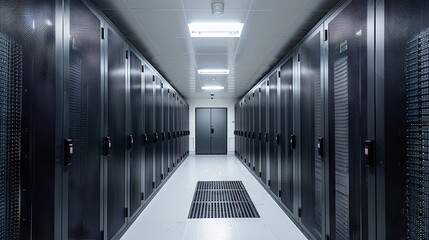 Contemporary interior of a network server room featuring racks and cabinets with mesh doors