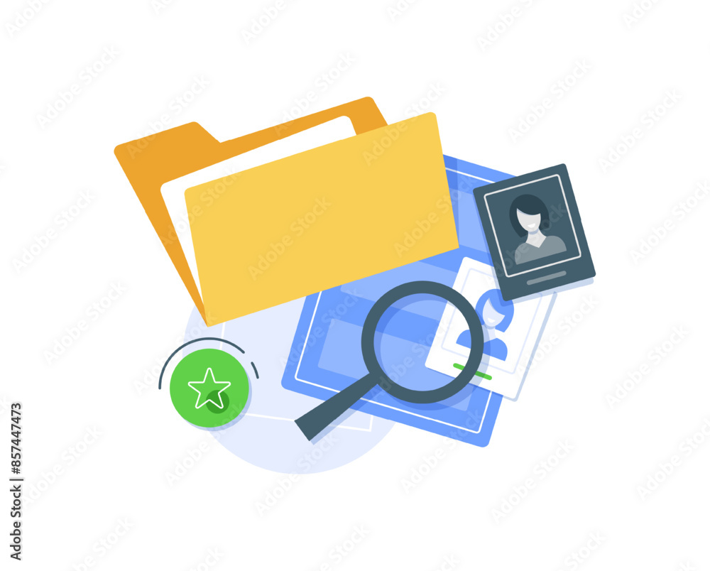 Poster office folder with documents, searching file directory, search