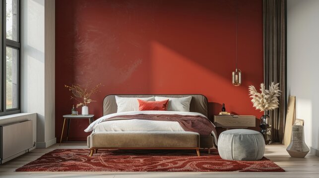 A modern bedroom with a red accent wall, a plush bed, and stylish decor, creating a warm and inviting atmosphere.