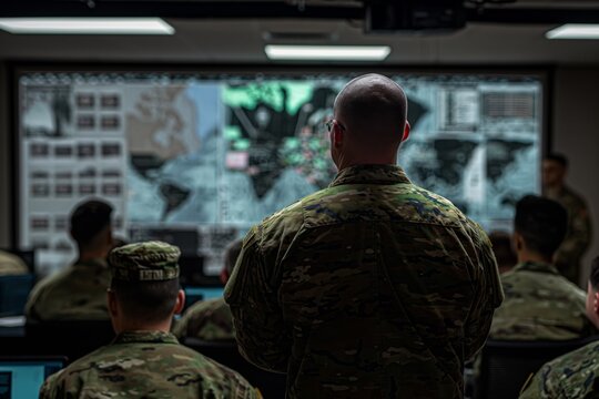 Soldiers in camouflage uniforms engage in a tactical briefing with a screen displaying maps.