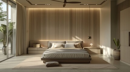 A sleek and modern bedroom with wooden paneling, a large bed, and soft lighting.