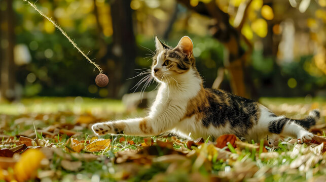 Cat With A Playful Expression Stretching Out To Swipe At A Toy On A String