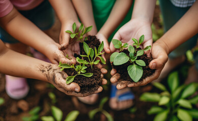 People holding young plants in soil, symbolizing teamwork in gardening or environmental conservation.