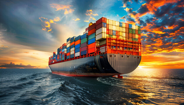 cargo maritime ship with contrail in the ocean ship carrying container and running for export concept technology freight shipping by ship forwarder mast